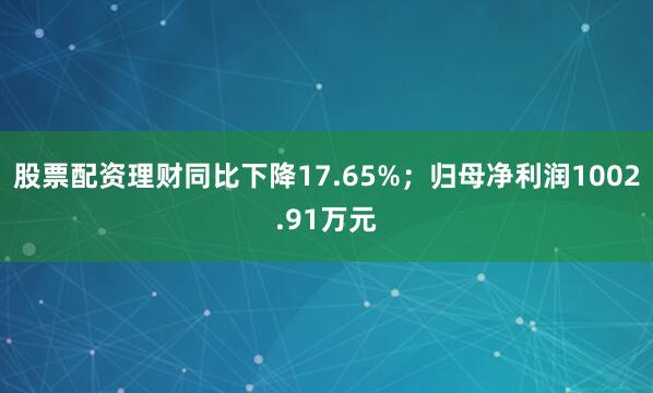 股票配资理财同比下降17.65%；归母净利润1002.91万元